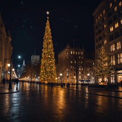 Fototapeta premium city ​​at night with big christmas tree