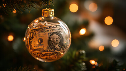 A close-up of a Christmas ornament filled with shredded banknotes, the transparent glass reflecting the twinkling lights of the tree, giving a creative and opulent twist to traditional decor,