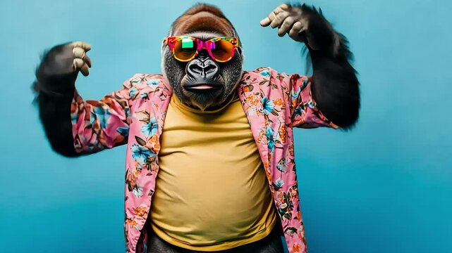 A gorilla wearing sunglasses, a yellow t-shirt and a pink and floral patterned shirt flexing its muscles.