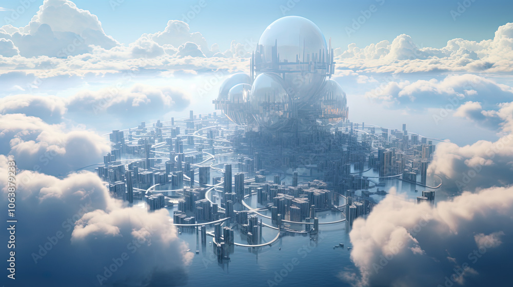 Aufkleber concept of a digital city with cloud connections. futuristic network in the clouds.
