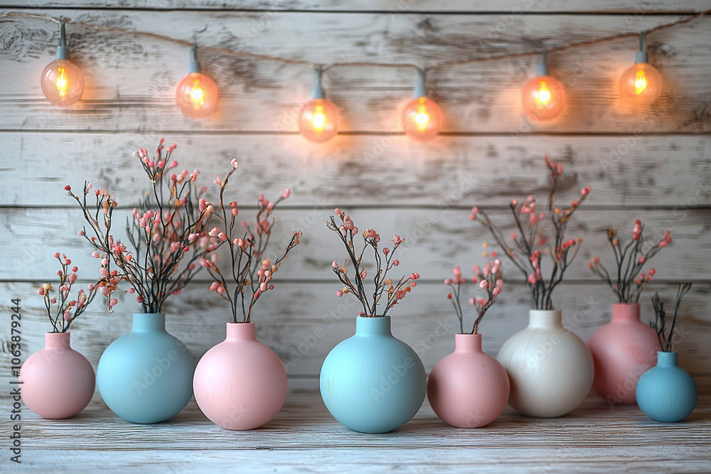Aufkleber a single string of pastel-colored globe lights hanging vertically against a light wooden background,