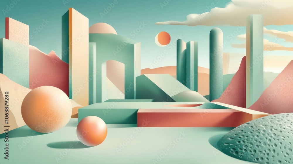 Poster Abstract geometric design featuring soft curves and a blend of pastel colors creating a serene atmosphere.