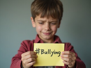 Young Boy Holding a Yellow Sign With the Hashtag Bullying Against a Plain Background During a Message Awareness Campaign