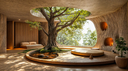 Fototapeta premium Maison luxueuse, zen et moderne avec une terrasse construite autour d'un arbre
