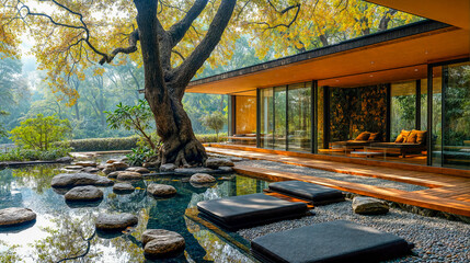 Maison luxueuse, zen et moderne avec une terrasse construite &agrave; c&ocirc;t&eacute; d'un arbre