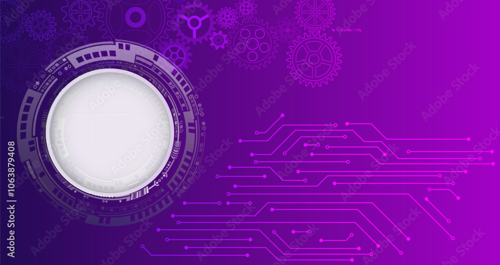 Poster abstract purple futuristic background consisting of gears, circles and other technological elements.