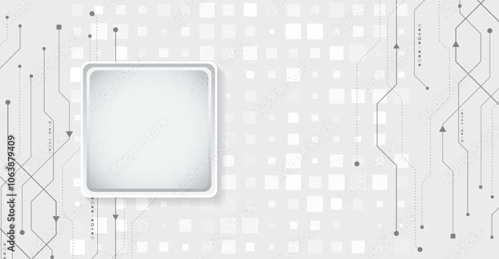 Poster Modern science vector presentation. Abstract square and circuit board futuristic concept. Data transfer and protection, internet communication on a grey background. High computer technology design.
