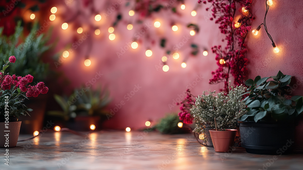 Poster a soft pink background with a garland of copper string lights loosely arranged across the top, the w