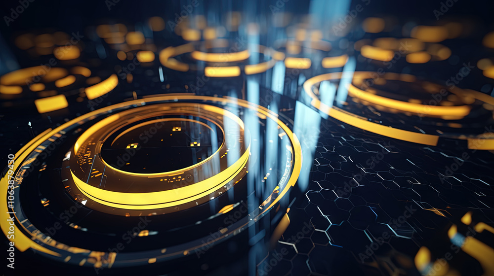 Poster Technology abstract background with hud styled round interface elements in neon tech light.