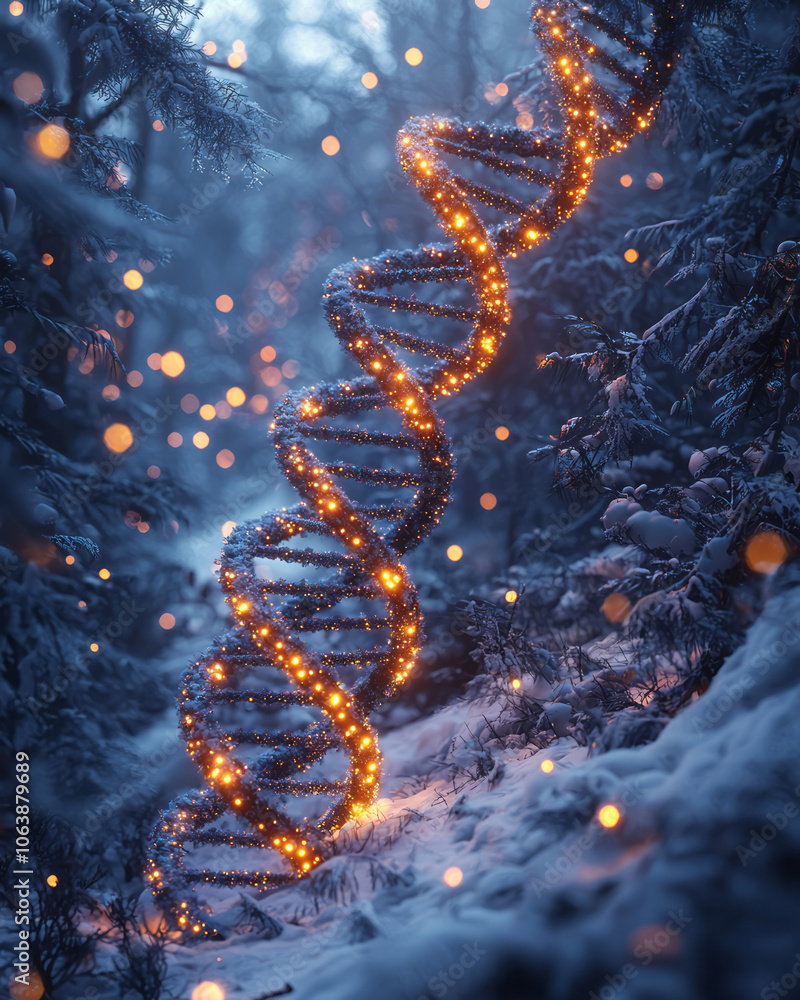 Aufkleber a glowing dna helix set in a wintery landscape, where each part of the helix is adorned with frosted