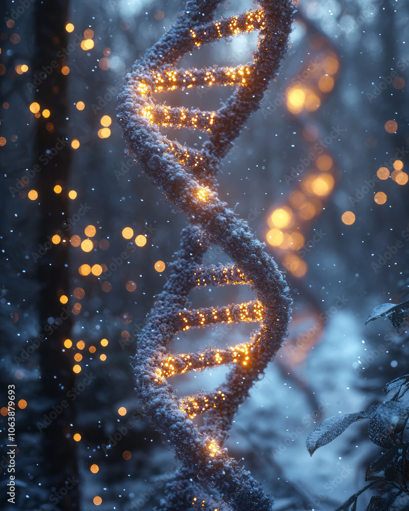 Poster a glowing dna helix set in a wintery landscape, where each part of the helix is adorned with frosted