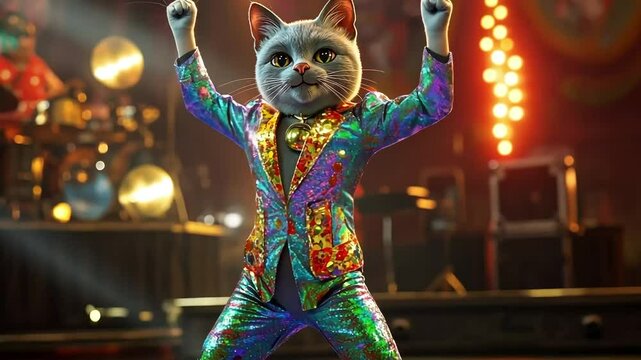 A grey cat in a sparkling suit dances on stage in front of a blurred background of lights and musicians.