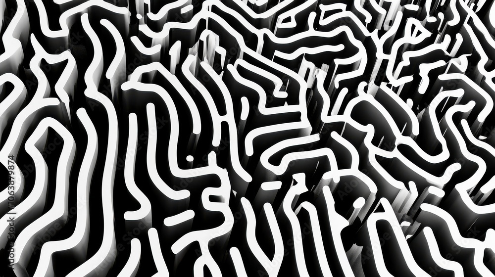 Poster intricate black and white abstract pattern featuring swirling lines and shapes for a modern artistic