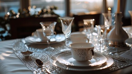 Elegant table setting with fine china and crystal glassware glimmers in soft light, suggesting an intimate gathering or celebratory meal.