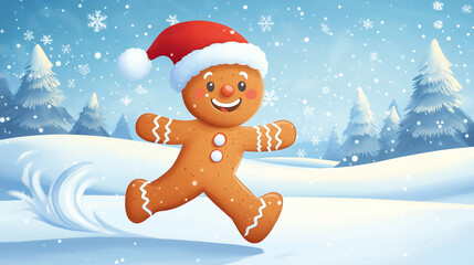 Happy gingerbread man with Santa hat running in snowy forest