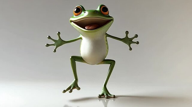A happy green frog with a big smile and orange eyes stands on a white background.