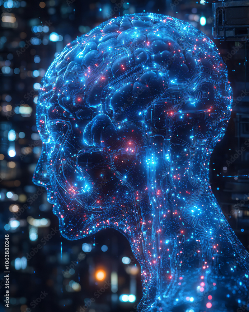 Poster a digital illustration of the gut and brain connected by a circuit-like network of nerves, glowing i