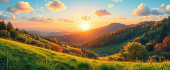 Golden Sunset Over Rolling Hills and Lush Green Fields