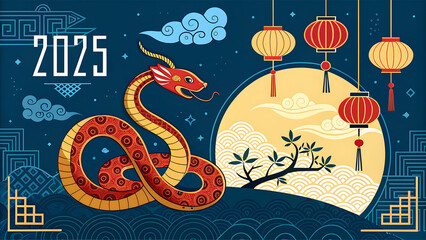 Chinese new year 2025 year of the Snake. Red Snake illustration and design. Red traditional Chinese vector designs with snakes. Lunar new year concept, geometric modern vector design.