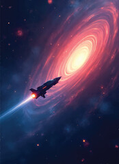 Naklejka premium vector of birght swriling lines of nebula with a spaceship fliying on it with stars and clouds