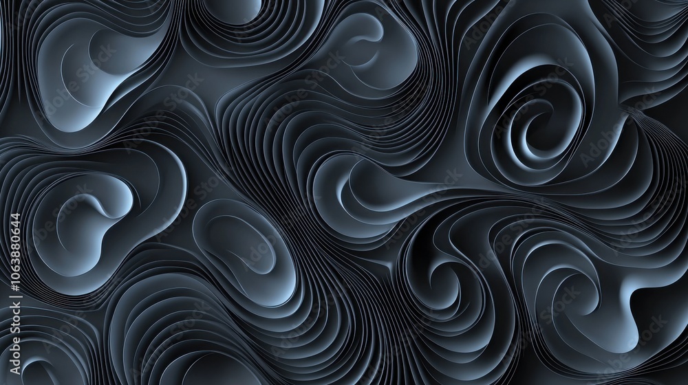 Poster abstract wavy patterns in dark tones, blending seamless textures and shapes for a modern aesthetic.