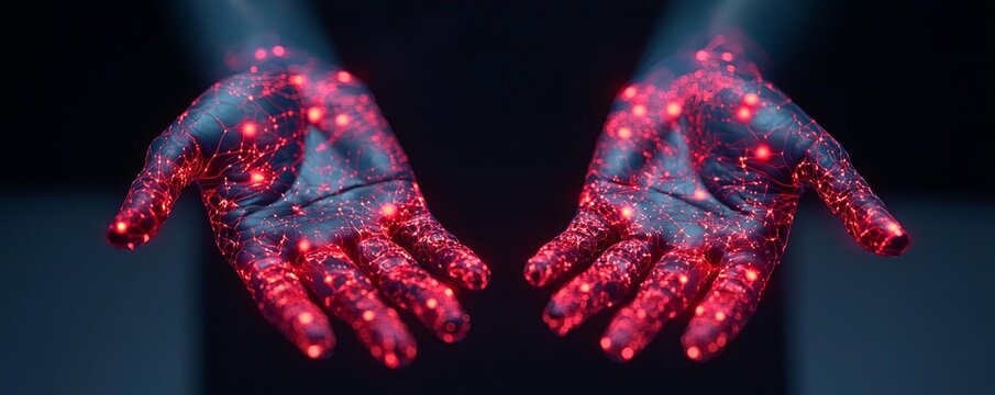 Hands illuminated with glowing red lights, creating a vibrant, futuristic effect.