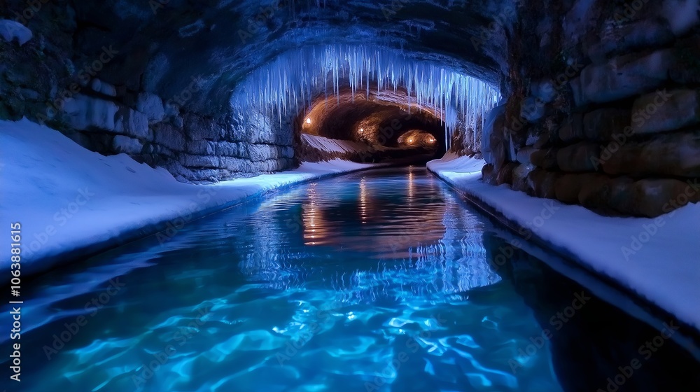 Poster an ice cavern with delicate light reflections creating a magical, frosty effect