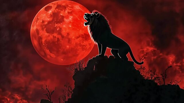 A lone lion silhouetted against a fiery red moon, a dramatic and powerful image of the animal kingdom.