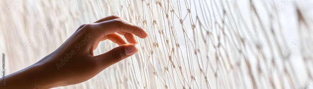 Poster a hand reaches through a macrame netting