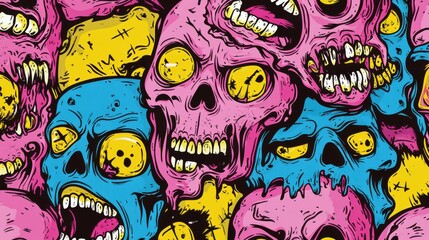 Obraz premium Colorful, abstract zombie faces with large eyes and dripping features, creating a surreal and playful atmosphere.