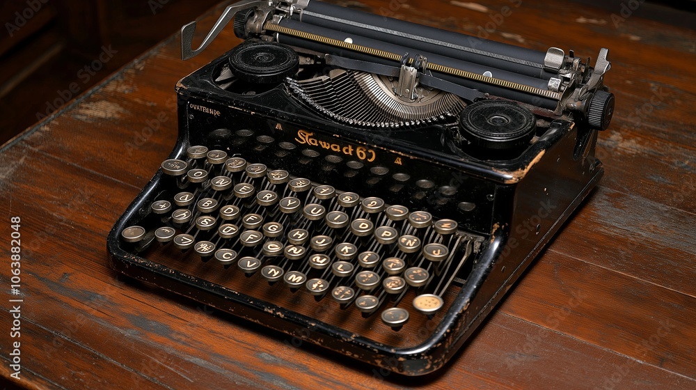 Poster an old-fashioned typewriter sitting on a rustic wooden table.