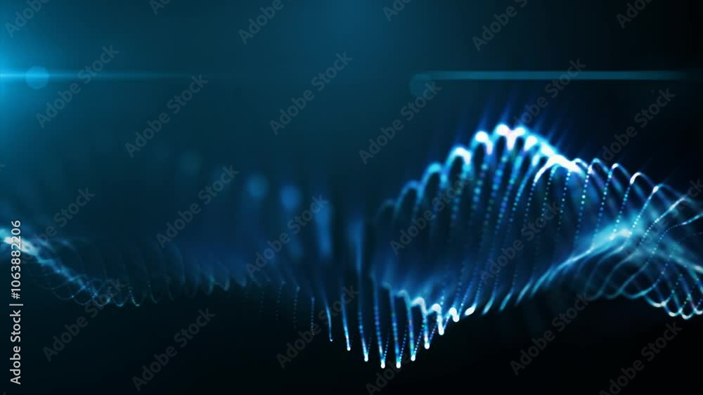 Poster a mesmerizing display of blue glowing particle waves, representing abstract energy flows against a d