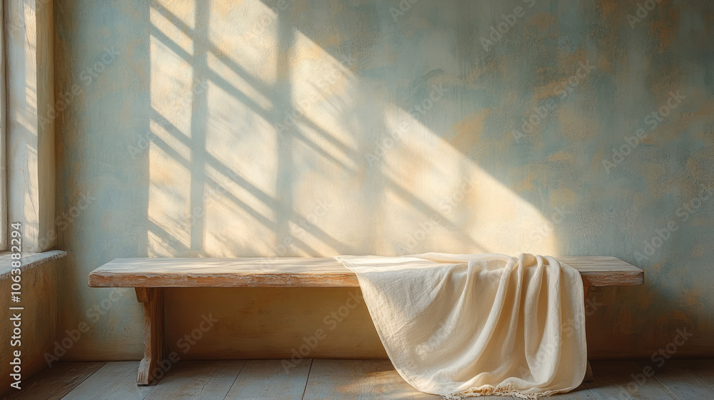 Poster a minimalist setting with a plain linen napkin draped over the edge of a wooden table, with soft sun