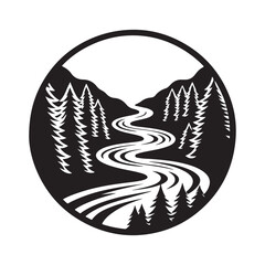 River winding through forest silhouette vector art like the logo black color design and solid white background 