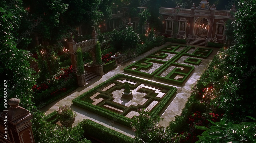 Poster An overhead view of a perfectly trimmed maze garden with intricate pathways