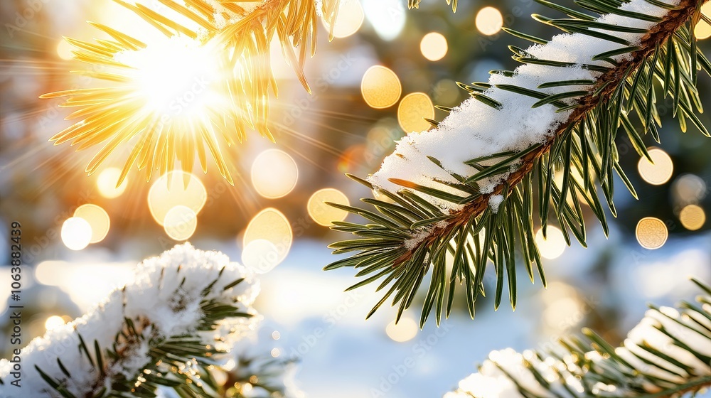 Poster close-up of snow-covered pine branches with sunlight filtering through