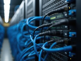 A Close-Up View of Network Servers With Bright Blue Cables, Showcasing Data Connections in a Modern Data Center Environment