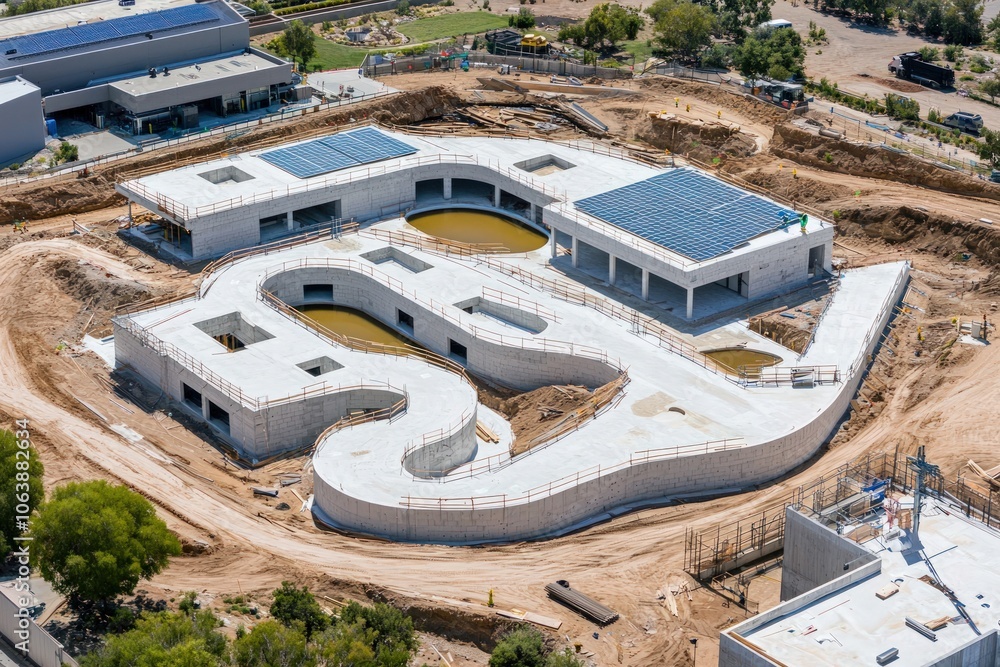 Poster constructing innovative architecture aerial view of modern building site