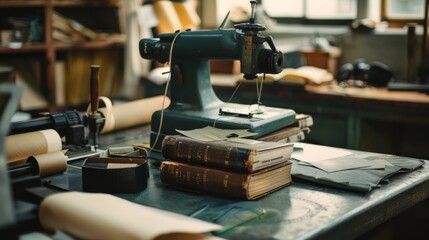 Fototapeta premium An antiquated sewing machine on a cluttered workbench conveys nostalgia for handmade craft and meticulous artisanship.