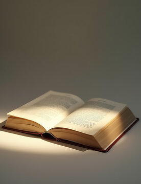 A book lies open on a surface that is illuminated by a soft gentle glow of pale colored light