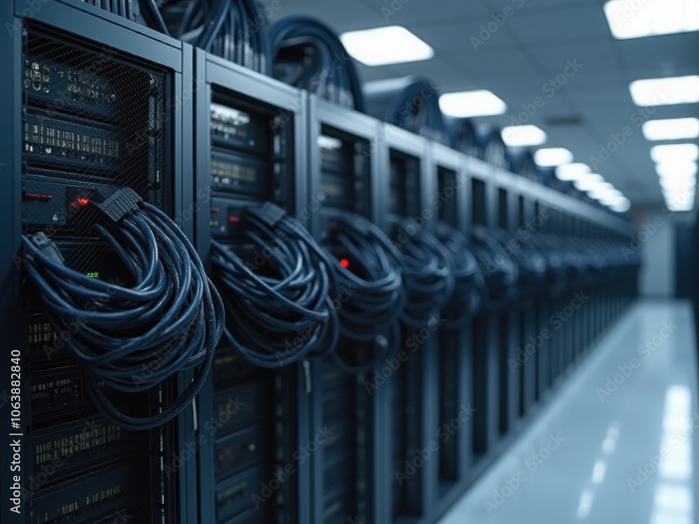 Poster data center with rows of black server racks connected by numerous cables during the evening hours