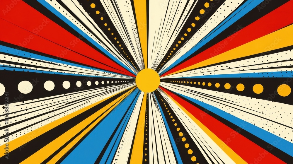 Poster colorful abstract explosion with dynamic lines and splashes, evoking energy and movement.