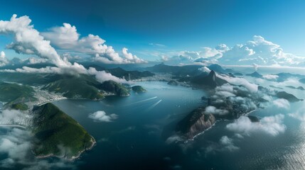 Obraz premium A panoramic view of lush islands floating amidst a misty sea under a vast sky, capturing the serene splendor of a tropical archipelago.