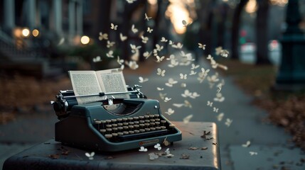 A vintage typewriter on a table, its pages coming alive as fluttering butterflies fill an autumn park, blending creativity with the magic of nature.