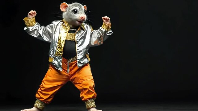 A mouse wearing a silver jacket and orange pants is striking a pose, like a disco dancer or breakdancer.