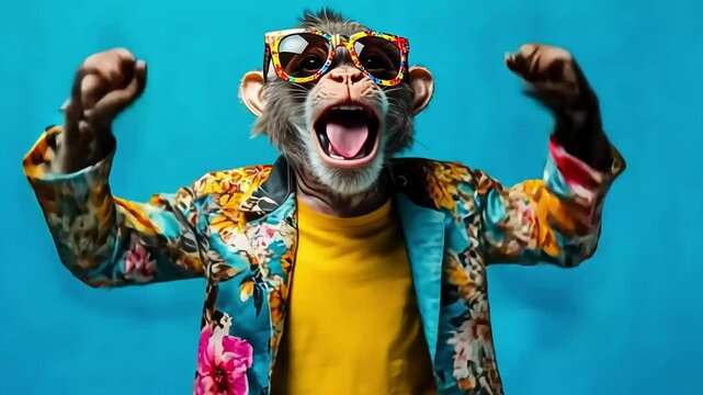A monkey wearing colorful sunglasses and a tropical print jacket against a bright blue background, waving his hands in the air.