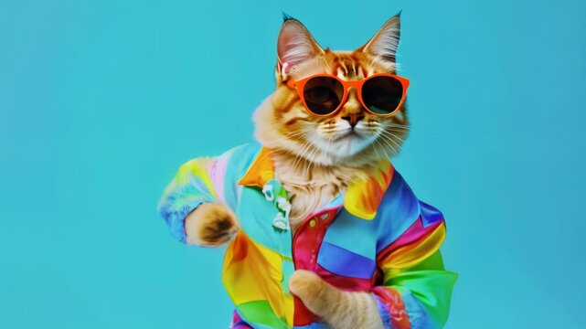 A playful and stylish cat wearing sunglasses and a colorful clothes, dancing.