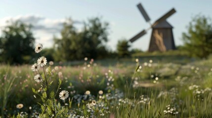 A vibrant meadow in bloom with daisies swaying gently, backed by a rustic windmill, exuding pastoral charm and a sense of timeless serenity.