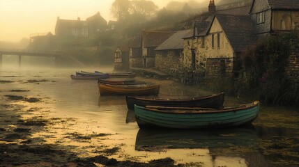 A serene, misty landscape depicting a tranquil harbor scene at dawn. In the foreground, several small, colorful boats are gently resting on calm waters, their reflections visible in the still surface.