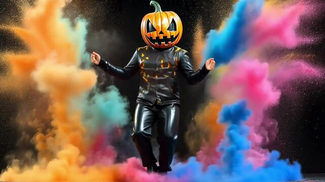 A person dressed in black with a pumpkin head is jumping with colored smoke exploding around them.